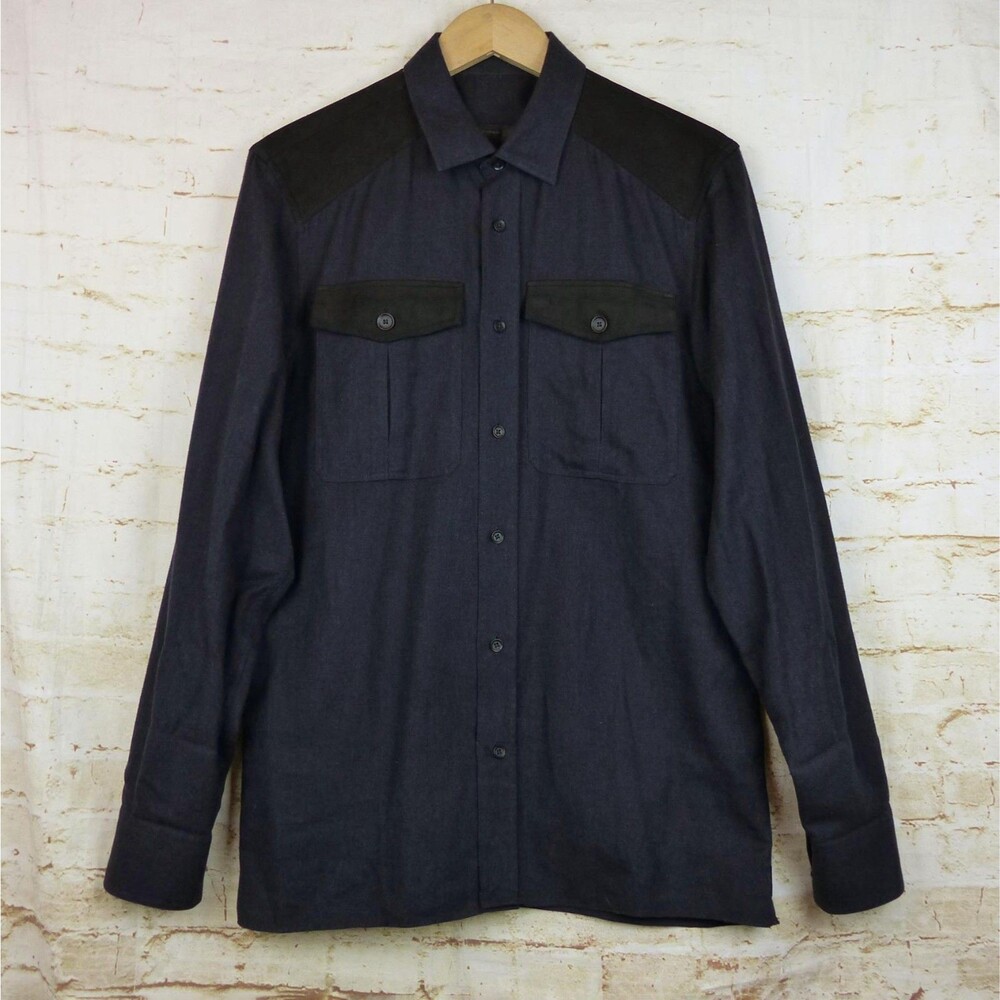 Belstaff Shirt Men 41 L Navy Wool Blend Suede Trim Button Down LS Utility Pocket